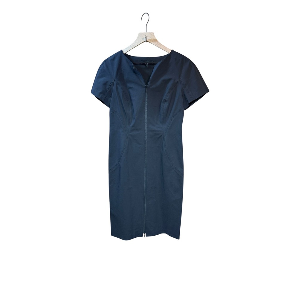 Lafayette 148 New York Navy Blue Zip Front Sheath Dress Size 4 Short Sleeve